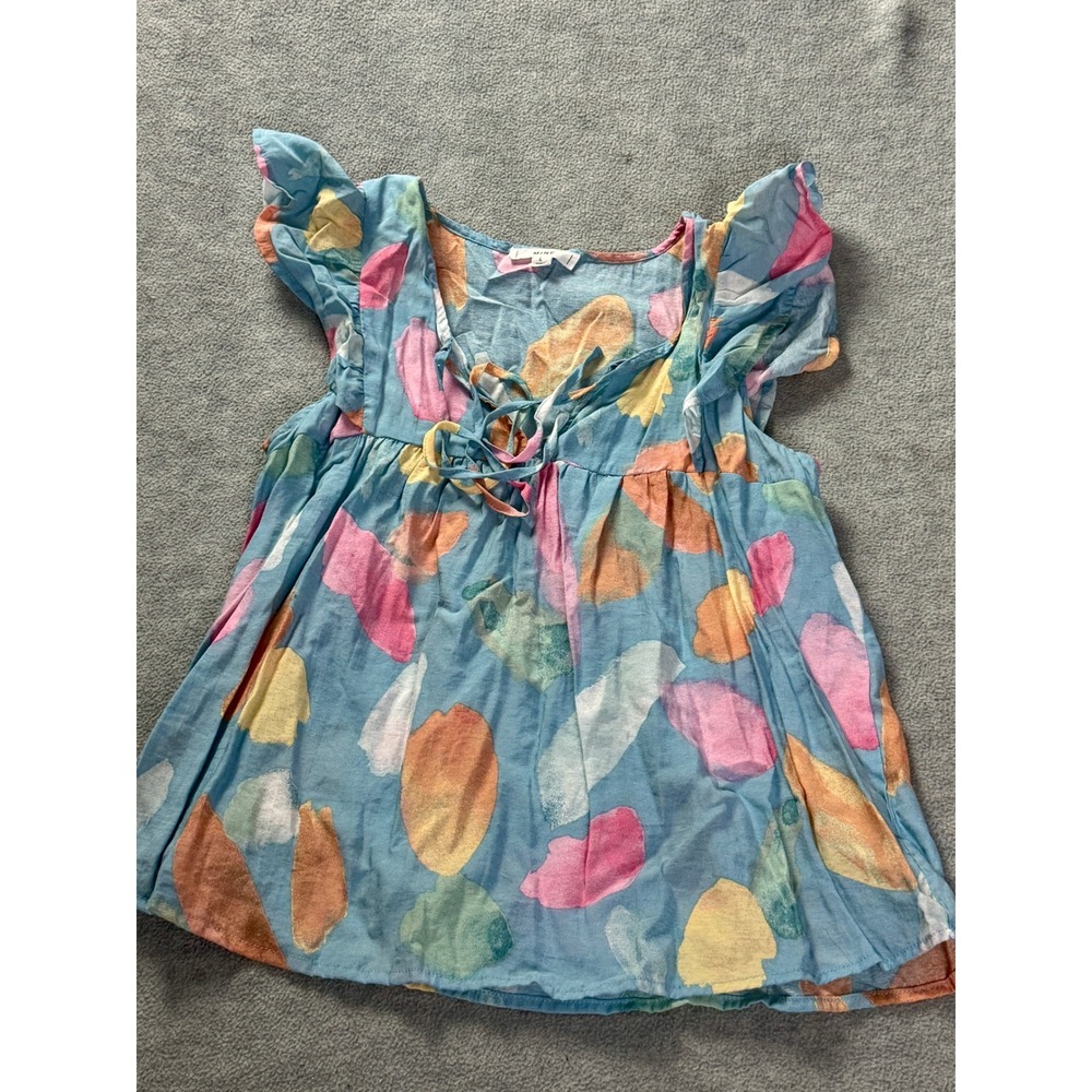 MINE Womens Blue Abstract Brushstroke Ruffle Sleeve Tie Front Babydoll Top L